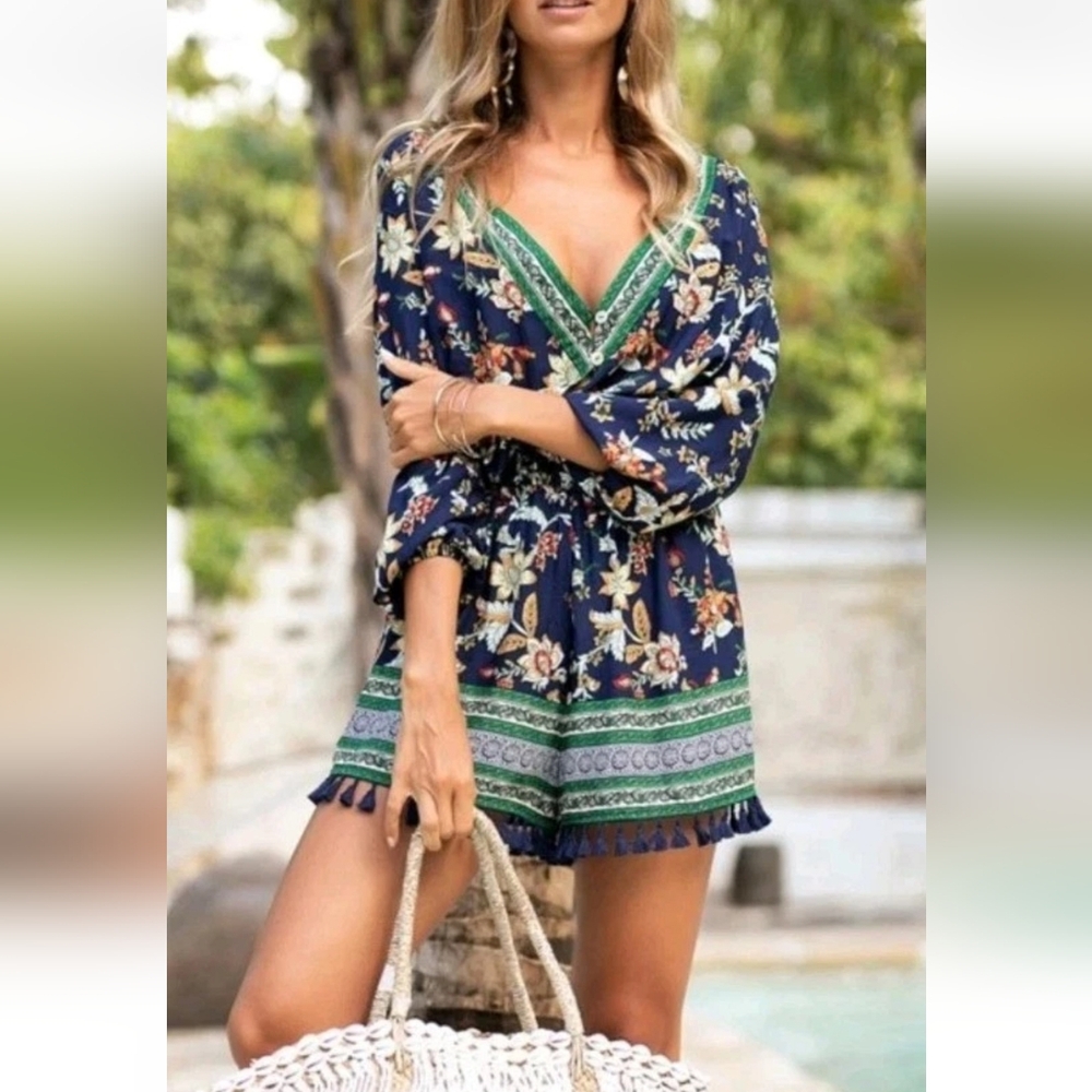 Floral Navy Tassel Trim V Neck Romper Jumper Boho Hippie Festival Cottagecore M